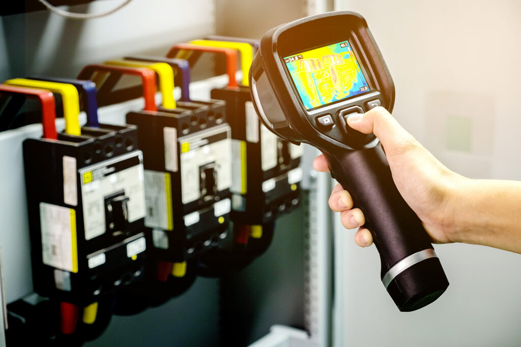 technician use thermal imaging camera to check temperature in factory